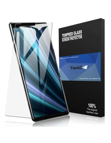 Transparent härdat glas för Sony Xperia 1, visat i förpackning med tydlig skärmvy