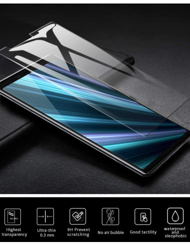 Sony Xperia 1 med härdat glas, visad från sidan för att framhäva skärmens klarhet
