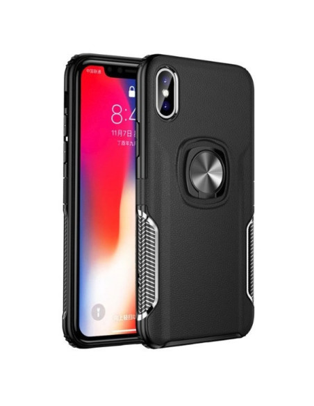 Svart stöttåligt skal med ringhållare för iPhone XS Max, sett från sidan