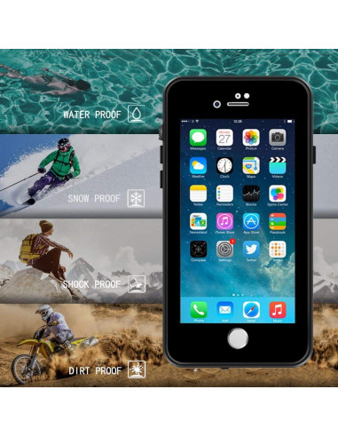 Svart vattentätt skal för iPhone 8 med appskärm, visar skydd mot vatten, snö och stötar