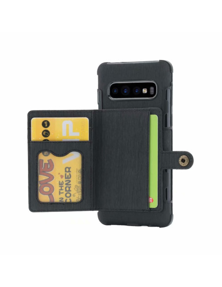 Samsung S10 Plus skal med öppet kortfack och tre kort, sett från sidan