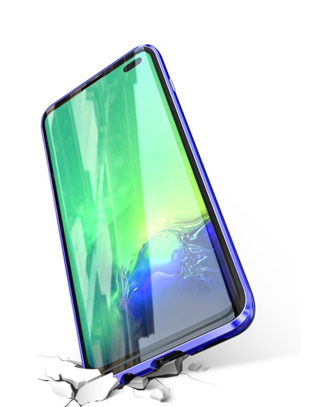 Samsung S10e med heltäckande premiumskal i härdat glas, visad i en vinklad vy framifrån