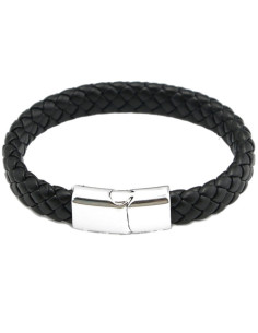 Svart flätat armband i konstläder med magnetspänne, sett framifrån