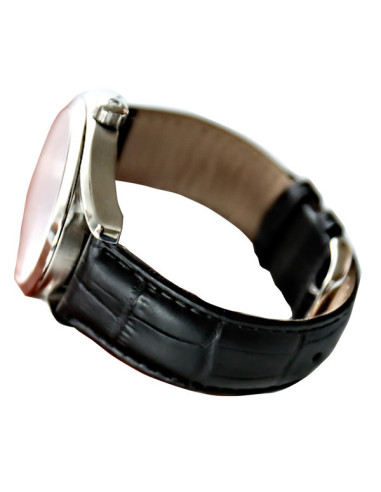 Klockarmband i svart PU-läder sett från sidan med detaljerad sömnad
