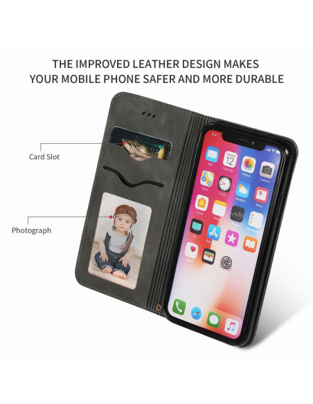 Öppet flipfodral i mocka för iPhone XS och X med kortfack och mobil monterad