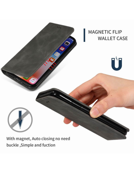 Svart flipfodral i mocka för iPhone XS och X, stängt med magnetisk stängning