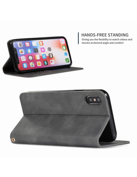 Svart flipfodral i mocka för iPhone XS och X, stående med mobil i vinkel