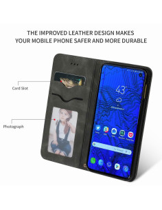 Svart flipfodral i mocka för Samsung S10e med kortfack och öppen vy 2