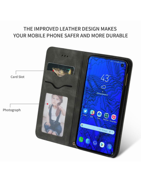 Svart flipfodral för Samsung S10e med kortfack och telefon monterad inuti