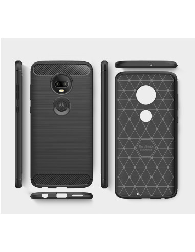 Motorola Moto G7 Plus SlimCarbon skal i detaljvy, med gummibelagd yta och mönstrad insida