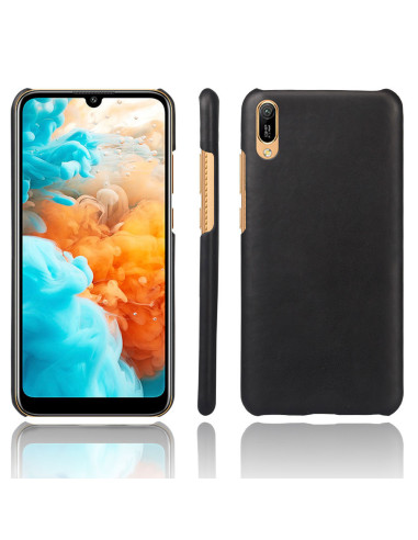 Svart ultratunt skal i vintage-stil för Huawei Y6 2019, visat från sidan och framifrån