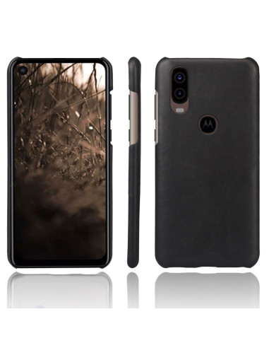 Motorola One Vision skal i svart konstskinn, sett från sidan och baksidan
