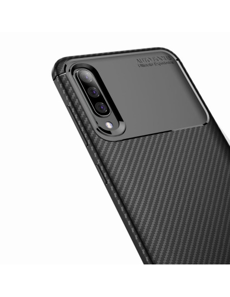 Detaljvy av Samsung A70 FullCarbon V4-skal, visar baksidan och kamerautskärning