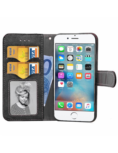 Svart plånboksfodral för iPhone 8 med öppet fack och tre kortplatser, samt sedlar
