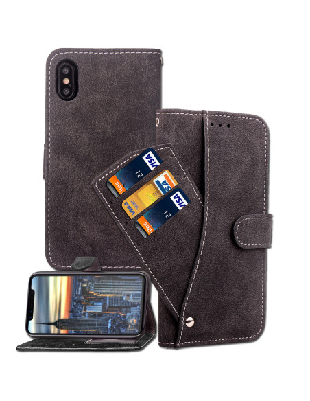 Svart plånboksfodral för iPhone XS/X med öppet fack och kort i detaljvy