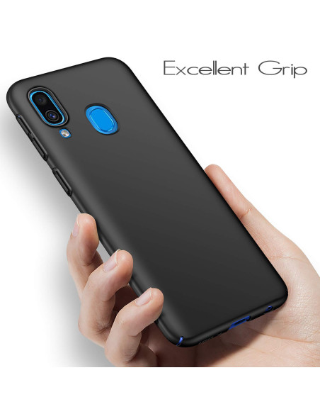 Mattsvart skal för Samsung A40 i hand med fokus på grepp och design