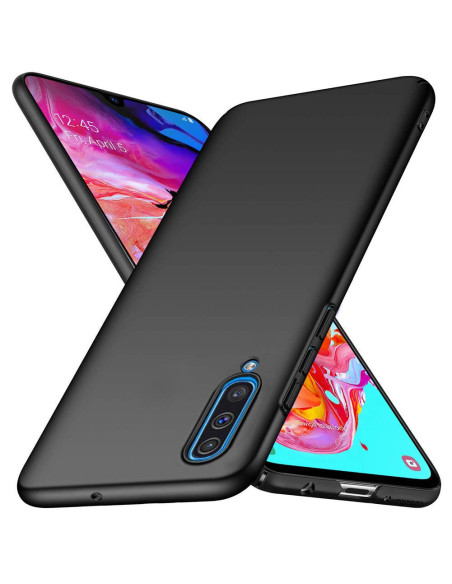 Mattsvart skal för Samsung A70, visat från sidan och bakifrån med slimmad design