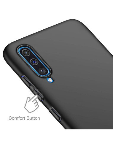 Närbild av mattsvart Samsung A70-skal som visar comfort button och slimmad design