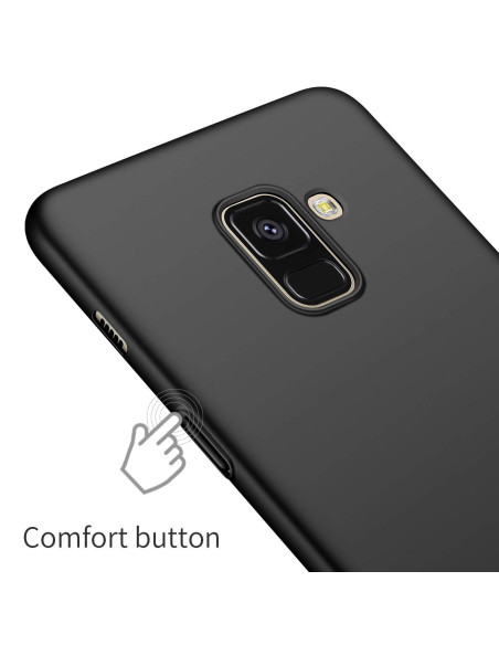 Mattsvart skal för Samsung J6 2018 med fokus på kamerautskärning och komfortknapp