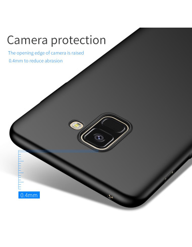 Detaljvy av mattsvart skal för Samsung J6 2018 med fokus på kameraskydd och kantdesign