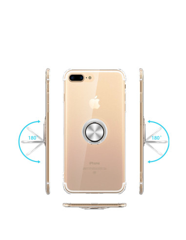 iPhone 8 skal med ringhållare, visad från framsidan och sidorna i transparent TPU