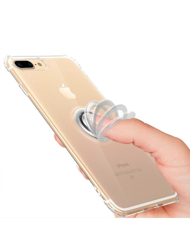 iPhone 8 Plus skal med ringhållare i transparent TPU, visat från sidan med hand som håller i ringen