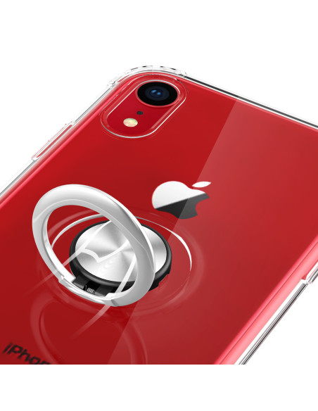 Närbild av iPhone XR skal med ringhållare i röd färg, fokus på ringhållaren