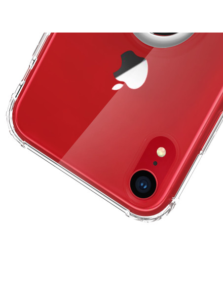 Detaljvy av iPhone XR skal med ringhållare i röd färg, fokus på kamerautskärning