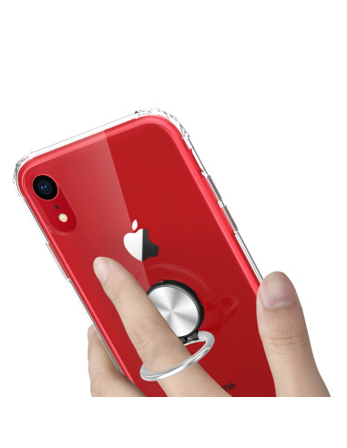 iPhone XR skal med ringhållare i röd färg, monterat på telefon och hålls med hand