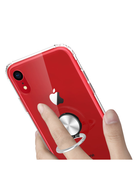 iPhone XR skal med ringhållare i röd färg, monterat på telefon och hålls med hand