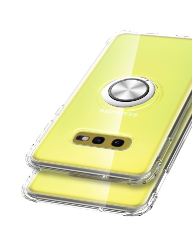Samsung S10e skal i gult med ringhållare, sett bakifrån med kameraöppning