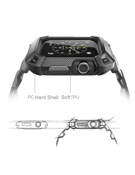 Närbild av stöttåligt skal för Apple Watch 44mm, visar detaljer och knappar