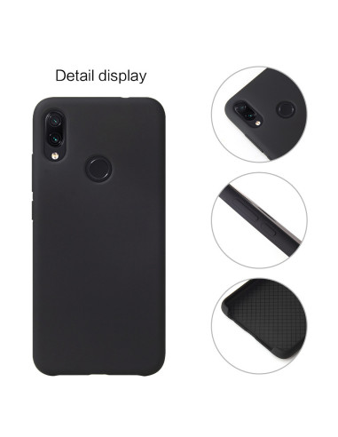 Detaljvy av mattsvart silikonskal för Xiaomi Redmi Note 7, med fokus på knappar och kamerautskärning