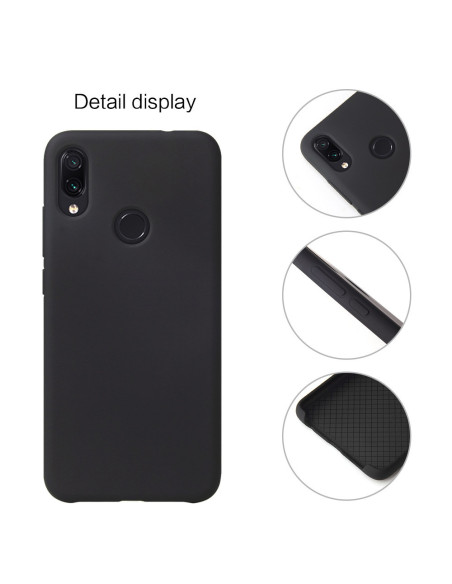 Detaljvy av mattsvart silikonskal för Xiaomi Redmi Note 7, med fokus på knappar och kamerautskärning