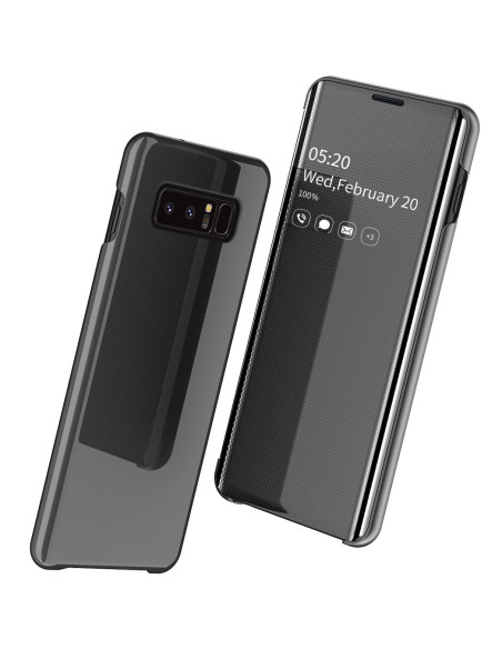 Samsung Note 8 flipfodral i halvgenomskinlig design med spegeleffekt, sett från sidan