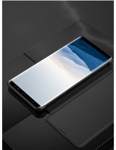 Samsung Note 8 flipfodral med spegel effekt, visat liggande med öppen framsida och skärmen synlig