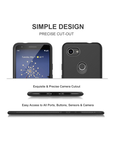 Google Pixel 3a skal med exakt kamerautskärning och tillgång till alla knappar, sett framifrån och från sidan