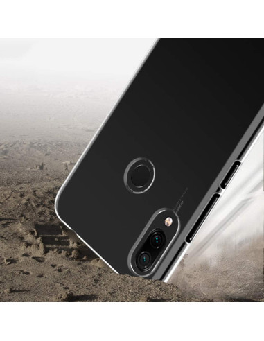 Detaljvy av Redmi Note 7 i transparent TPU-skal, med fokus på kameran och knapparna