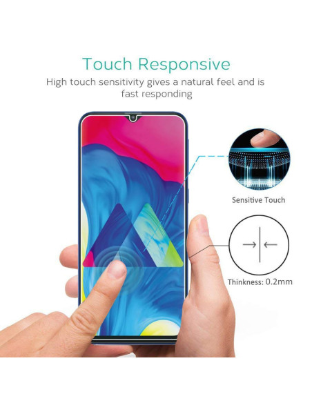 Närbild av Samsung A10 med härdat glas, visar touch-responsivitet och tunn design
