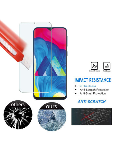 Samsung A10 med härdat glas, visar skyddets 9H styrka och anti-rep funktioner