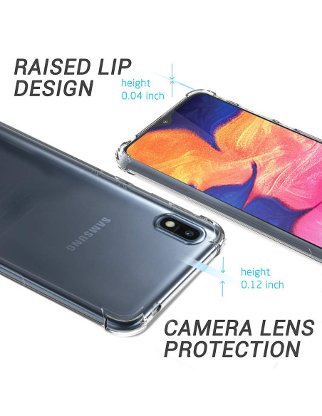 Detaljvy av transparent skal för Samsung A10 med skydd för kamerautskärning och upphöjd kant