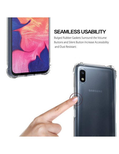 Närbild av Samsung A10 skal med förstärkta hörn, visar användning av volymknappar