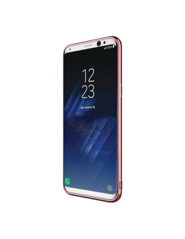 Rosenguldfärgat mjukt skal för Samsung S8 Plus, sett från sidan med skärmen synlig