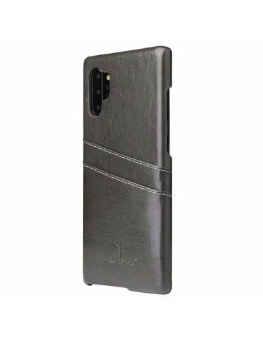 Svart retro-skal för Samsung Note 10 Plus med korthållare, sett från sidan med detaljerad textur