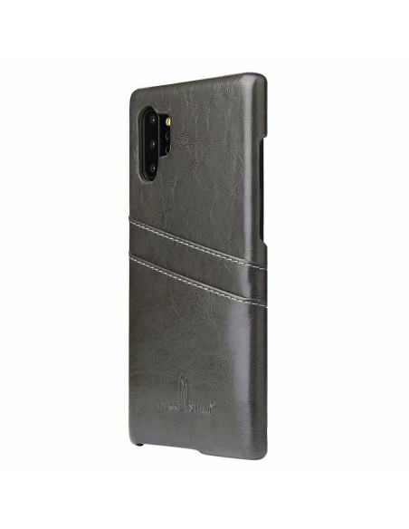Svart retro-skal för Samsung Note 10 Plus med korthållare, sett från sidan med detaljerad textur