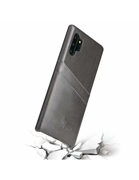 Svart retro-skal för Samsung Note 10 Plus, sett snett bakifrån med korthållare och kameraöppning