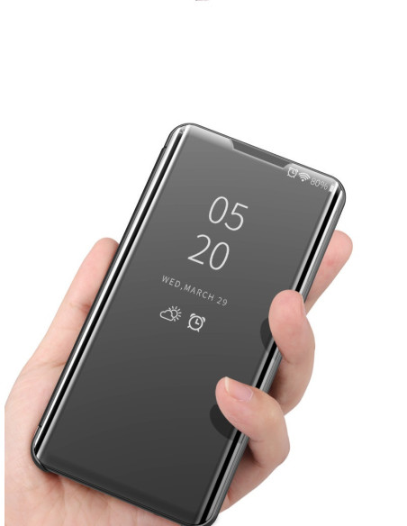 Samsung Note 10 Plus flipfodral i svart hålls i hand med tydlig skärmvy