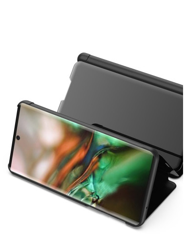 Samsung Note 10 Plus flipfodral i svart med kickstand i öppen position och skärmvy