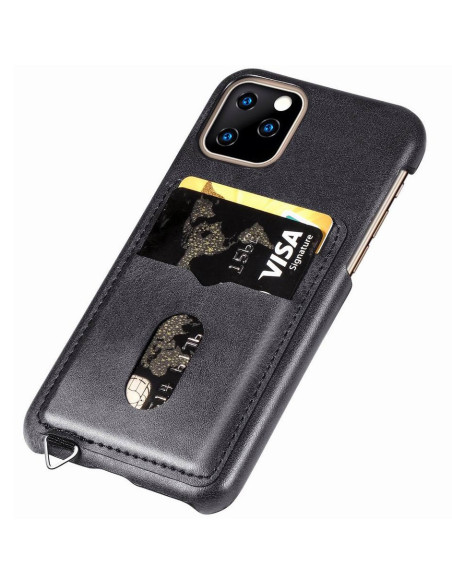 Svart ultratunn korthållare för iPhone 11 Pro med två kortfack, sett från sidan
