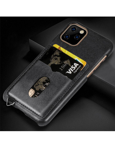 Svart korthållare för iPhone 11 Pro med två kortfack, närbild av korten i facket